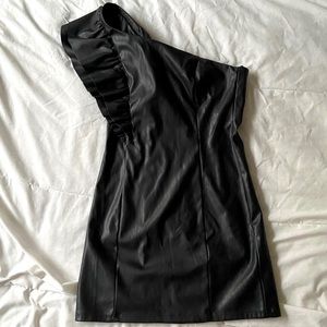 Black faux leather asymmetrical mini dress